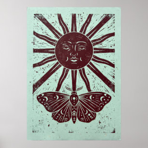 Hemelse Zon en Halvemaan Linocut Kunst Poster