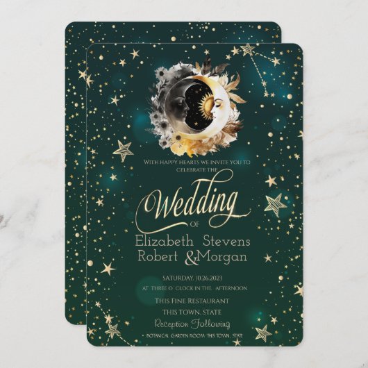 Hemelse Zon En Maan Bloemen Sterren Groen Kaart (Voorkant / Achterkant)