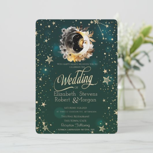 Hemelse Zon En Maan Bloemen Sterren Groen Kaart (Staand voorkant)