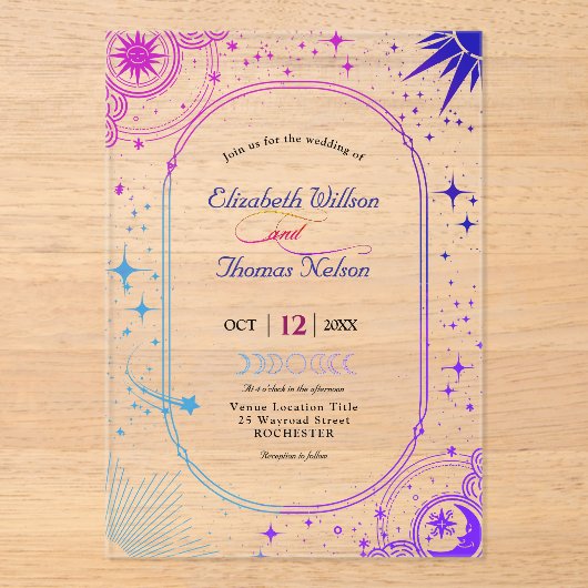 Hemelse zon en maan bruiloft acryl uitnodigingen (Voorkant)