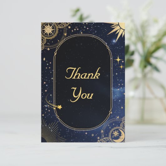 Hemelse zon en maan bruiloft bedankkaart (Staand voorkant)