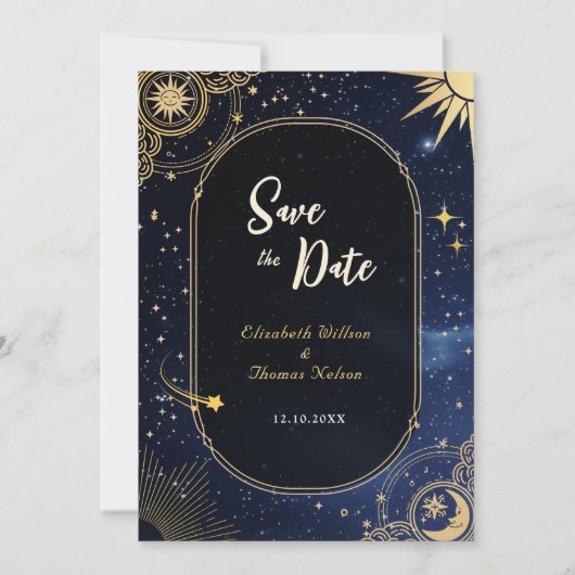 Hemelse zon en maan bruiloft save the date (Voorkant)