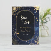 Hemelse zon en maan bruiloft save the date (Staand voorkant)