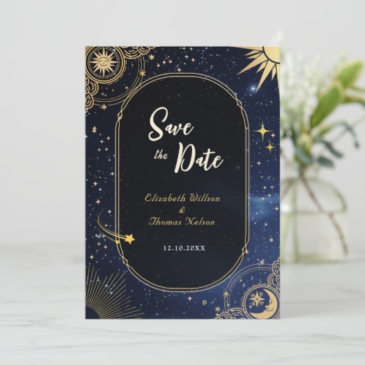 Hemelse zon en maan bruiloft save the date (Staand voorkant)