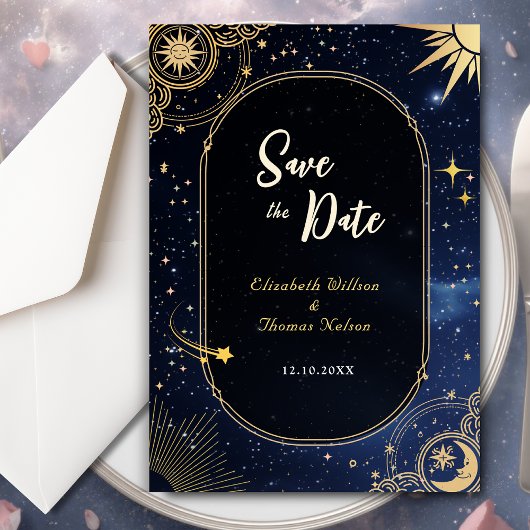 Hemelse zon en maan bruiloft save the date