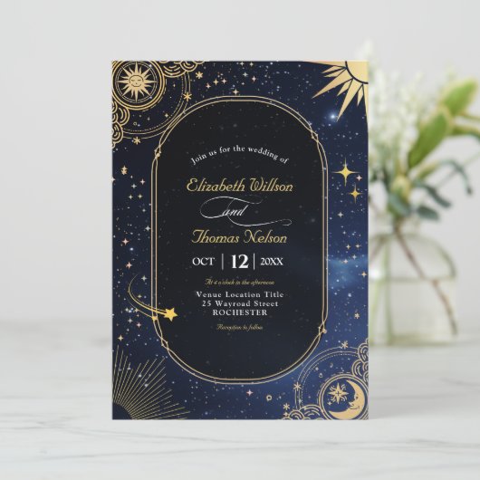 Hemelse zon en maan huwelijksuitnodiging kaart (Staand voorkant)
