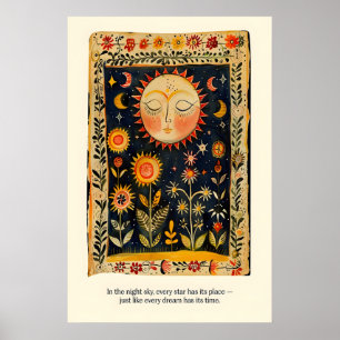 Hemelse Zon en Maan Kunstprint Folkloristische Kun Poster