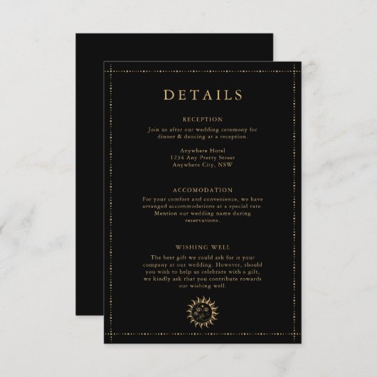 Hemelse Zon en Maan Mystieke Details Zwart Informatiekaartje (Voorkant / Achterkant)