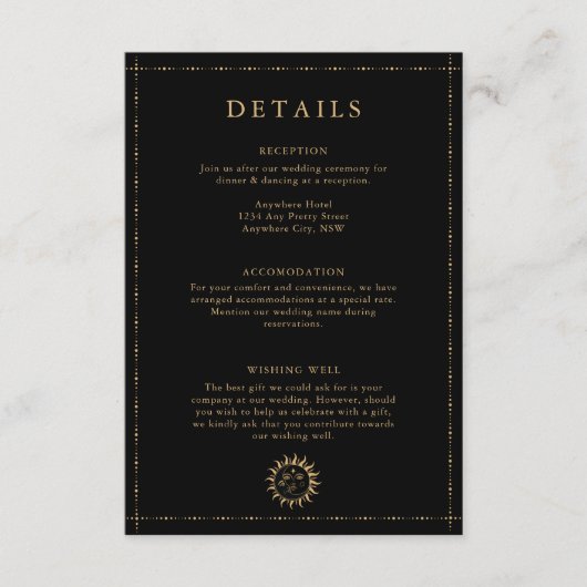 Hemelse Zon en Maan Mystieke Details Zwart Informatiekaartje (Voorkant)