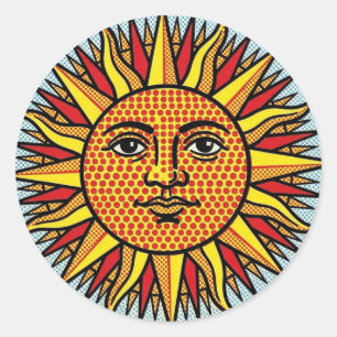 Hemelse Zon Gezicht Pop Art Comic Stijl Zonneuitba Ronde Sticker