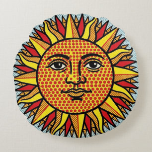 Hemelse Zon Gezicht Pop Art Stripstijl Zonne-uitba Rond Kussen