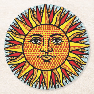 Hemelse Zon Gezicht Pop Art Stripstijl Zonne-uitba Ronde Kartonnen Onderzetter
