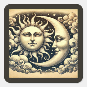 Hemelse Zon & Maan Antiek Vierkante Sticker
