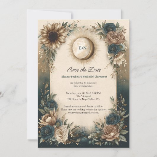 Hemelse Zon Maan Boho Bloemen Datum Reserveren Save The Date (Voorkant)