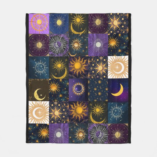 Hemelse Zon Maan Fasen Patchwork Boho Mystieke Fleece Deken (Voorkant)