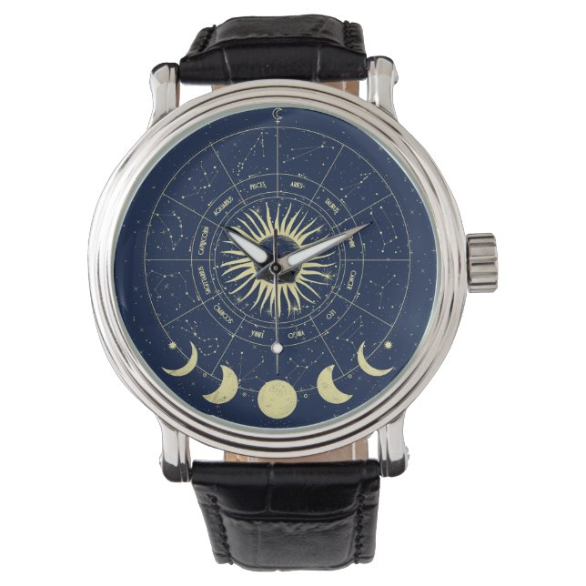 Hemelse Zon Maan Fases Zodiac Horloge (Voorkant)