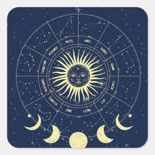 Hemelse Zon Maan Fases Zodiac Vierkante Sticker (Voorkant)