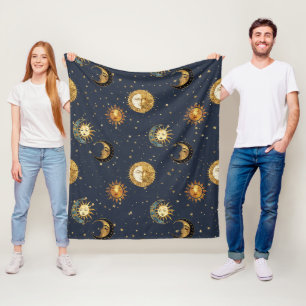Hemelse Zon & Maan Gouden Sterrennacht Patroon (2) Fleece Deken