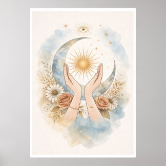 Hemelse Zon Maan Handen Esthetische Wandkunst Poster