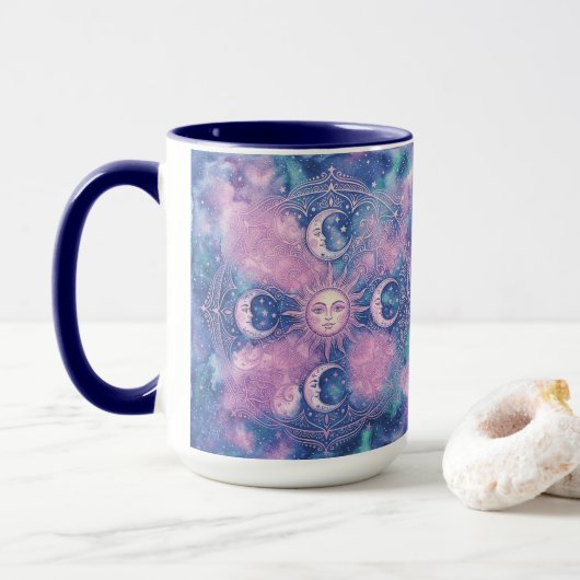 Hemelse Zon & Maan Mandala Melkweg Nevel Mok (Met donut)
