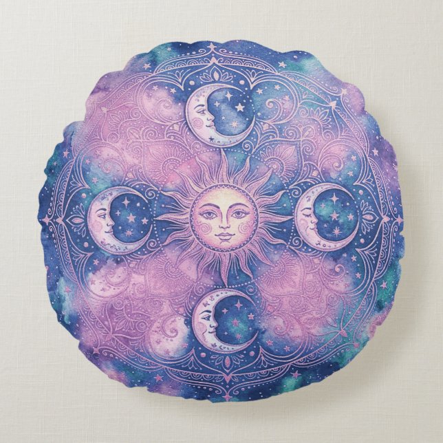 Hemelse Zon & Maan Mandala Melkweg Nevel Rond Kussen (Voorkant)