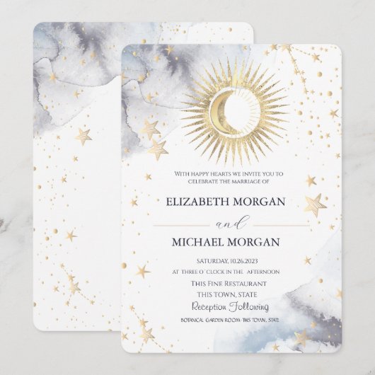 Hemelse zon, maan, sterren bruiloft kaart (Voorkant / Achterkant)
