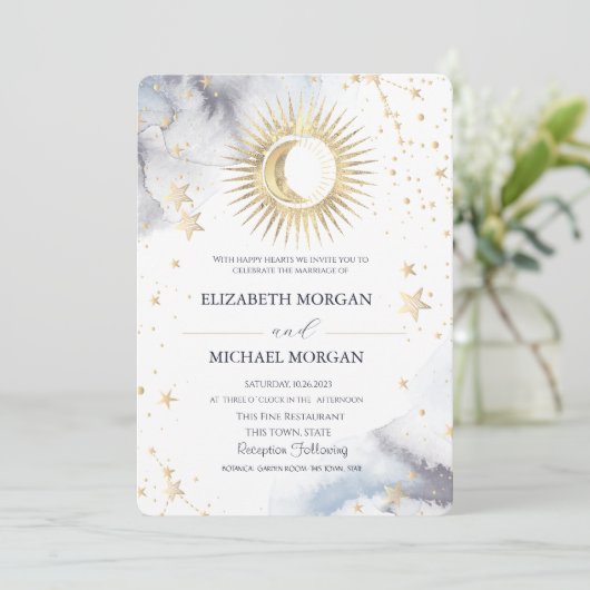 Hemelse zon, maan, sterren bruiloft kaart (Staand voorkant)