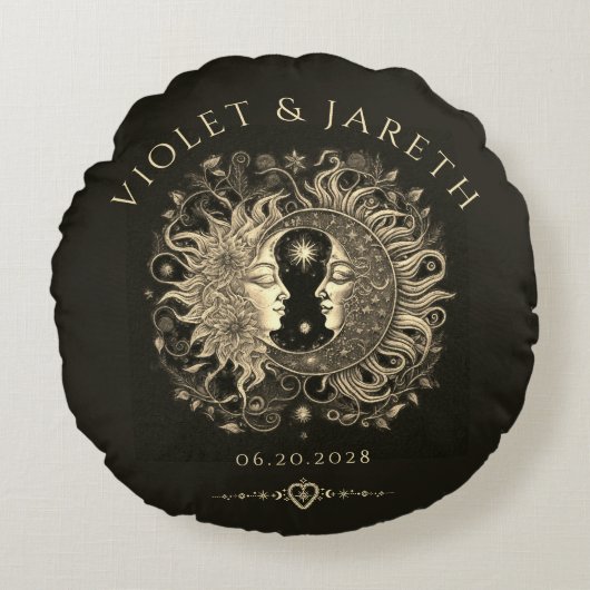 Hemelse Zon Maan Sterren Bruiloft Rond Kussen (Voorkant)