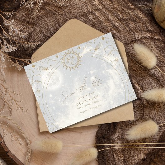 Hemelse Zon Maan Sterren Bruiloft Save the Date Aankondigingskaart
