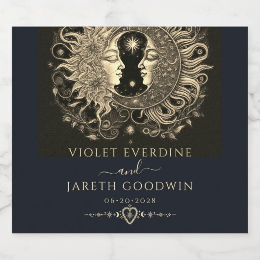 Hemelse Zon Maan Sterren Bruiloft Uitnodiging Sparkling Wijnetiket (Enkel label)