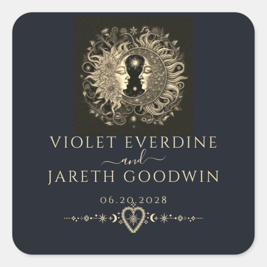 Hemelse Zon Maan Sterren Bruiloft Vierkante Sticker (Voorkant)