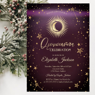 Hemelse Zon, Maan, Sterren Burgundy Quinceanera Kaart