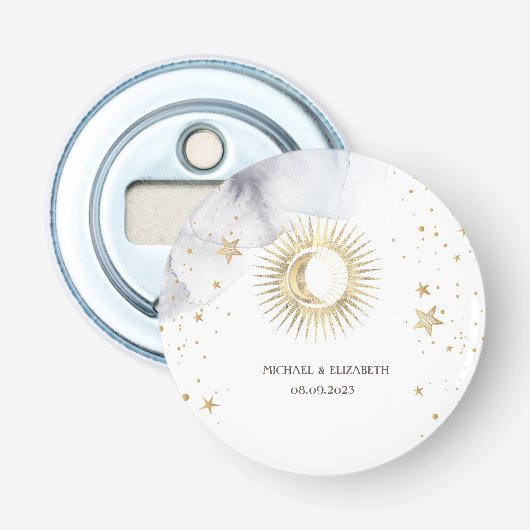 Hemelse Zon, Maan, Sterren Button Flesopener (Voorkant)