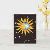 Hemelse Zon & Maan Wenskaart – Whimsical Kaart (Gele Bloem)