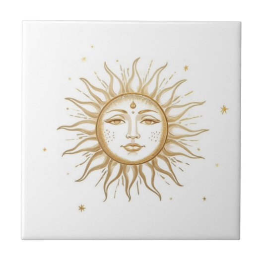Hemelse Zon met Gezicht Goud en Wit Tegeltje (Voorkant)