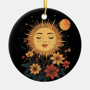 Hemelse zonnegodin met bloeiende bloemen keramisch ornament