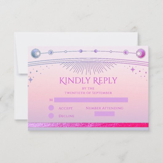 Hemelse Zonsondergang Roze Zon Maan Sterren bruilo RSVP Kaartje (Voorkant)