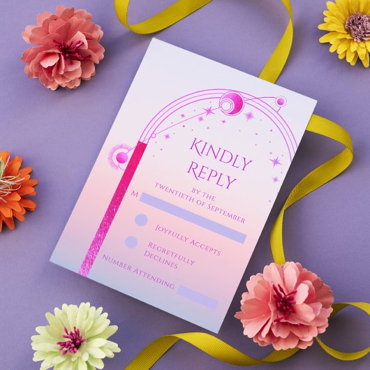 Hemelse Zonsondergang Roze Zon Maan Sterren bruilo RSVP Kaartje