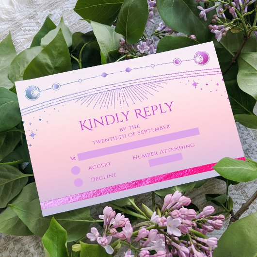 Hemelse Zonsondergang Roze Zon Maan Sterren bruilo RSVP Kaartje