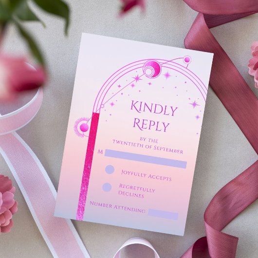 Hemelse Zonsondergang Roze Zon Maan Sterren bruilo RSVP Kaartje