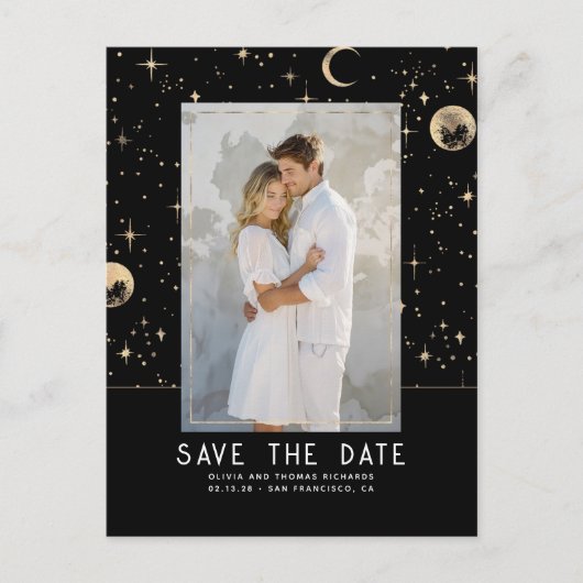 Hemelse Zwarte en Gouden Sterren Bewaar De Datum Aankondigingskaart (Voorkant)