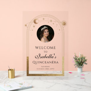 Hemelse Zwarte Gouden Quinceañera Verjaardags Welk Acryl Bord