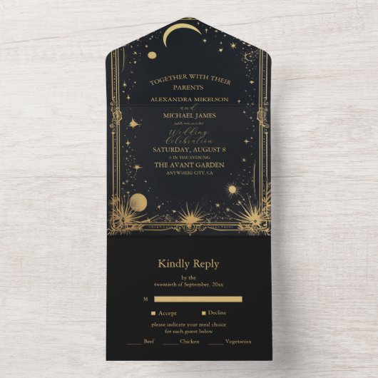 Hemelse Zwarte Gouden Zon Astronomie bruiloft All In One Uitnodiging (Binnen)