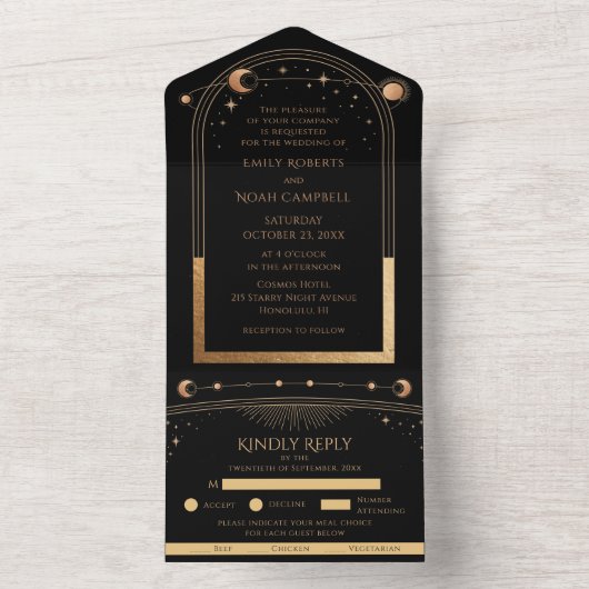 Hemelse Zwarte Gouden Zon Astronomie bruiloft All In One Uitnodiging (Binnen)