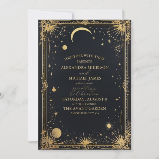Hemelse Zwarte Gouden Zon Astronomie bruiloft Kaart (Voorkant)