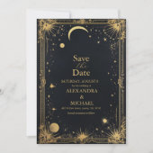 Hemelse Zwarte Gouden Zon Astronomie bruiloft Save The Date (Voorkant)