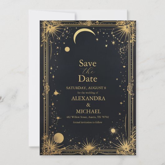 Hemelse Zwarte Gouden Zon Astronomie bruiloft Save The Date (Voorkant)