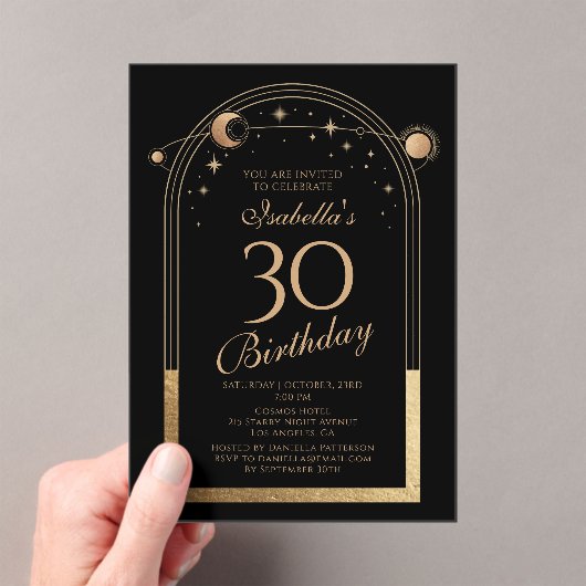 Hemelse Zwarte Gouden Zon Maan Sterren 30e Verjaar Acryl Uitnodigingen (Insitu (Draagbaar))