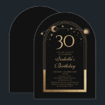 Hemelse Zwarte Gouden Zon Maan Sterren 30e Verjaar Kaart<br><div class="desc">Celestial Black Gold Sun Moon Astronomy 30th Birthday Invitations beschikt over een elegante gouden zon,  maan en sterren met een gouden lijst op een zwarte achtergrond. Binnenin is uw aangepaste dertigste verjaardag uitnodiging informatie. Personaliseer door de tekst in de tekstvakken te bewerken. Ontworpen voor u door Evco Studio www.zazzle.com/store/evcostudio</div>