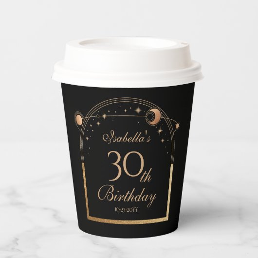 Hemelse Zwarte Gouden Zon Maan Sterren 30e Verjaar Papieren Bekers (Voorkant)